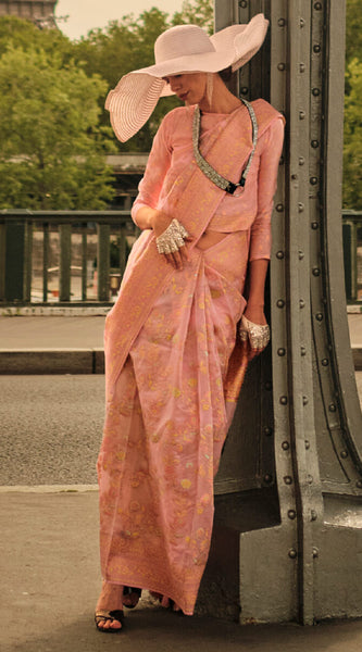 Captivating Dark Peach Kashmiri Model Organza Silk Saree With Captivating Blouse Piece