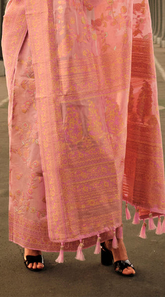 Captivating Dark Peach Kashmiri Model Organza Silk Saree With Captivating Blouse Piece