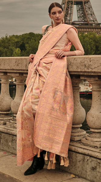 Desirable Peach Kashmiri Model Organza Silk Saree With Adoring Blouse Piece