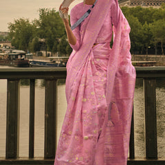 Flameboyant Pink Kashmiri Model Organza Silk Saree With Ideal Blouse Piece