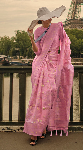 Flameboyant Pink Kashmiri Model Organza Silk Saree With Ideal Blouse Piece