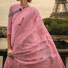 Flameboyant Pink Kashmiri Model Organza Silk Saree With Ideal Blouse Piece