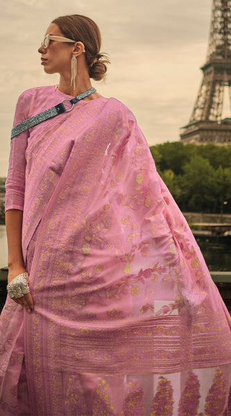 Flameboyant Pink Kashmiri Model Organza Silk Saree With Ideal Blouse Piece