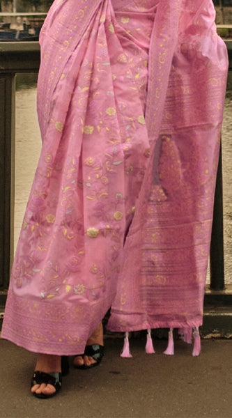 Flameboyant Pink Kashmiri Model Organza Silk Saree With Ideal Blouse Piece