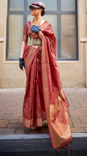 Fancifull Maroon Organza Silk Saree With Engrossing Blouse Piece