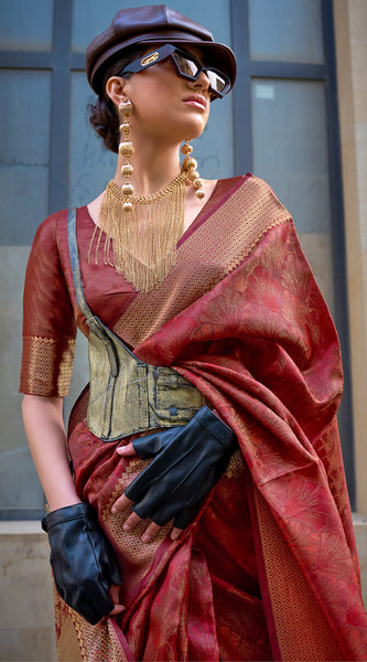 Fancifull Maroon Organza Silk Saree With Engrossing Blouse Piece