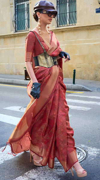 Fancifull Maroon Organza Silk Saree With Engrossing Blouse Piece