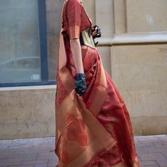 Fancifull Maroon Organza Silk Saree With Engrossing Blouse Piece