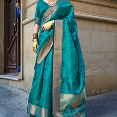 Deserving Rama Organza Silk Saree With Sizzling Blouse Piece