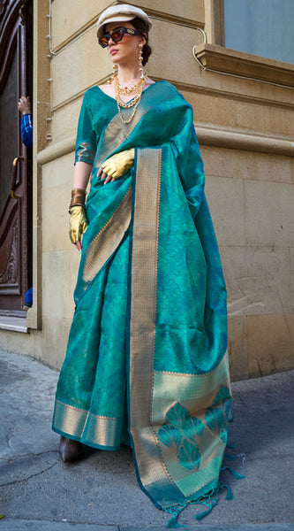 Deserving Rama Organza Silk Saree With Sizzling Blouse Piece