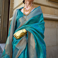 Deserving Rama Organza Silk Saree With Sizzling Blouse Piece