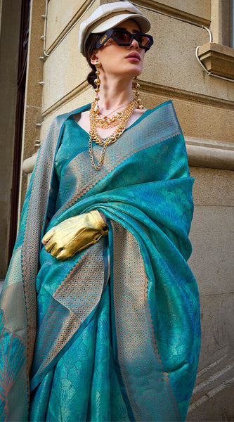 Deserving Rama Organza Silk Saree With Sizzling Blouse Piece