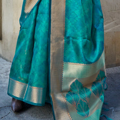 Deserving Rama Organza Silk Saree With Sizzling Blouse Piece