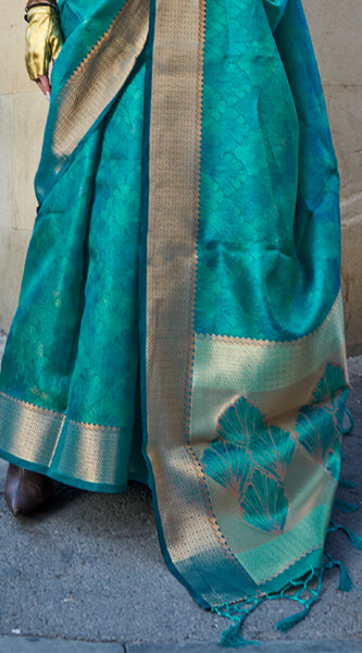 Deserving Rama Organza Silk Saree With Sizzling Blouse Piece