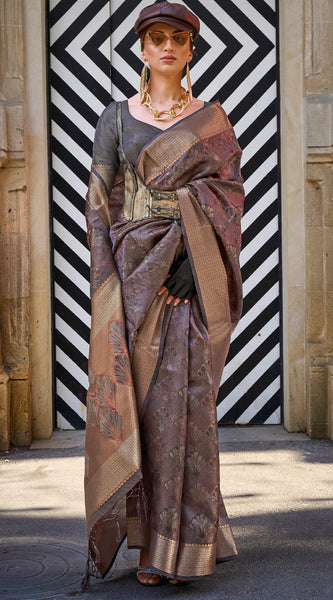 Refreshing Brown Organza Silk Saree With Lovely Blouse Piece