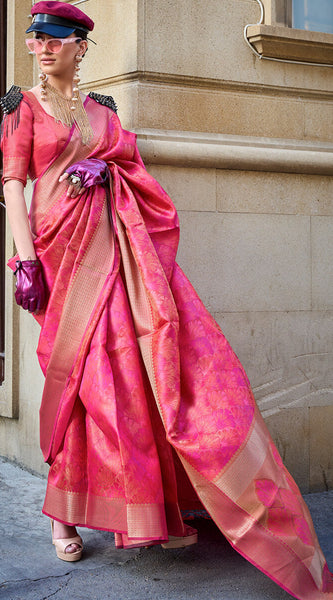 Stylish Dark Pink Organza Silk Saree With Smart Blouse Piece