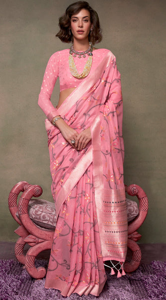 Sumptuous Pink Cotton Silk Saree With Nemesis Blouse Piece