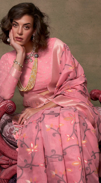 Sumptuous Pink Cotton Silk Saree With Nemesis Blouse Piece