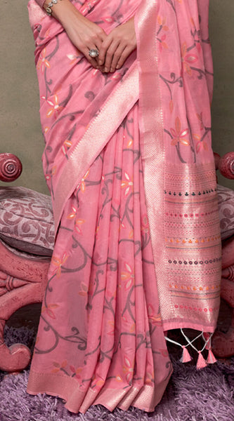 Sumptuous Pink Cotton Silk Saree With Nemesis Blouse Piece