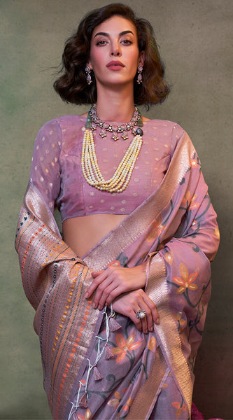 Supernal Lavender Cotton Silk Saree With Jubilant Blouse Piece