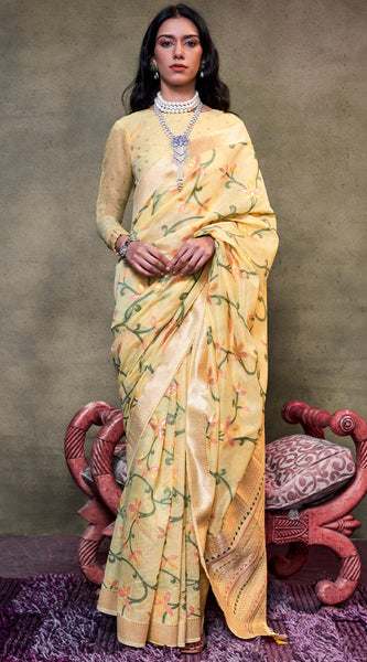 Allure Yellow Cotton Silk Saree With Opulent Blouse Piece