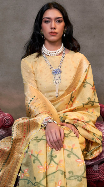 Allure Yellow Cotton Silk Saree With Opulent Blouse Piece