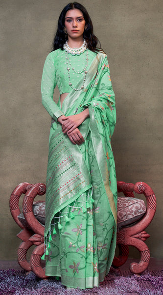 Embellished Turquoise Cotton Silk Saree With Tantalizing Blouse Piece