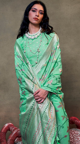 Embellished Turquoise Cotton Silk Saree With Tantalizing Blouse Piece