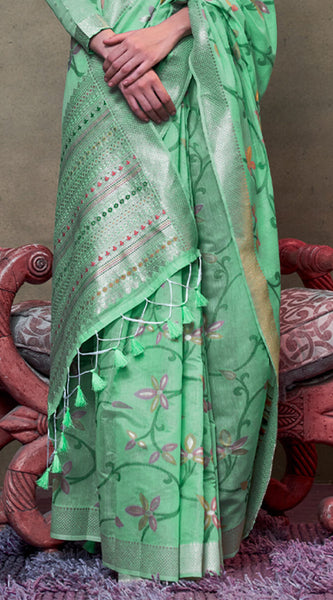 Embellished Turquoise Cotton Silk Saree With Tantalizing Blouse Piece