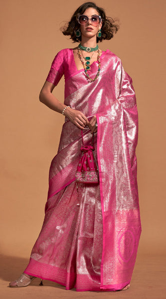 Lassitude Pink Kanjivaram Silk Saree With Incredible Blouse Piece