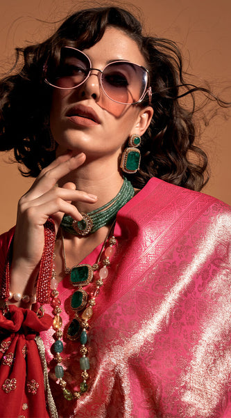 Lassitude Pink Kanjivaram Silk Saree With Incredible Blouse Piece