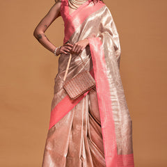 Seraglio Beige and Pink Kanjivaram Silk Saree With Profuse Blouse Piece