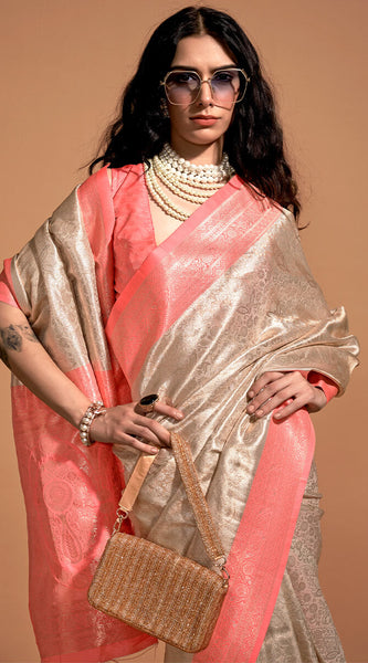 Seraglio Beige and Pink Kanjivaram Silk Saree With Profuse Blouse Piece