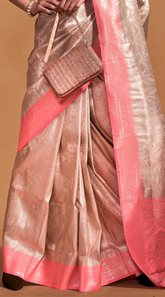 Seraglio Beige and Pink Kanjivaram Silk Saree With Profuse Blouse Piece