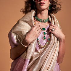 Eloquence Off White and Lavender Kanjivaram Silk Saree With Prettiest Blouse Piece