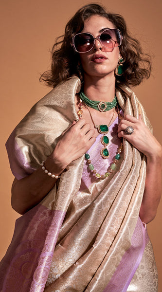 Eloquence Off White and Lavender Kanjivaram Silk Saree With Prettiest Blouse Piece