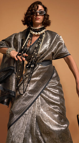 Skinny Black Kanjivaram Silk Saree With Elegant Blouse Piece