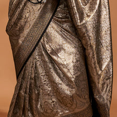 Skinny Black Kanjivaram Silk Saree With Elegant Blouse Piece