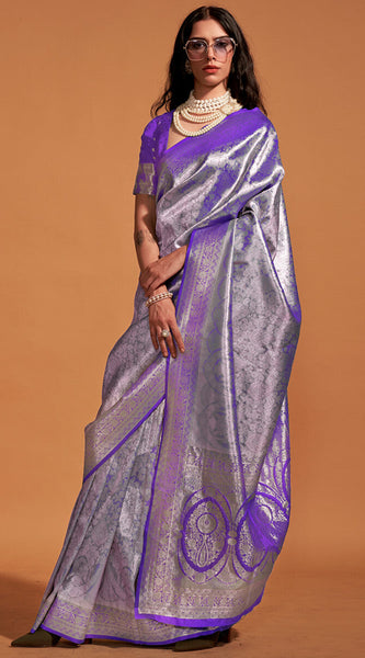 Gleaming Purple Kanjivaram Silk Saree With Intricate Blouse Piece