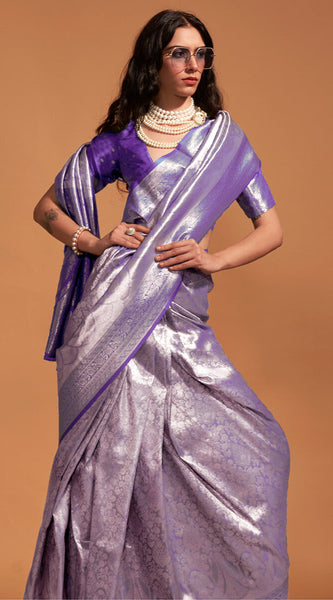 Gleaming Purple Kanjivaram Silk Saree With Intricate Blouse Piece