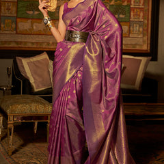Innovative Purple Kanjivaram Silk Saree With Gleaming Blouse Piece