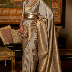Desirable Grey Kanjivaram Silk Saree With Fairytale Blouse Piece