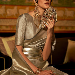 Desirable Grey Kanjivaram Silk Saree With Fairytale Blouse Piece