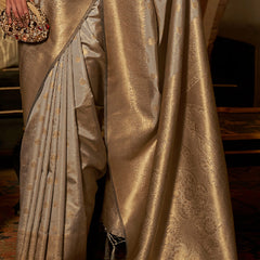 Desirable Grey Kanjivaram Silk Saree With Fairytale Blouse Piece