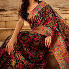 Stylish Black Pashmina Saree With Gleaming Blouse Piece