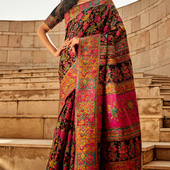 Stylish Black Pashmina Saree With Gleaming Blouse Piece