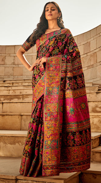 Stylish Black Pashmina Saree With Gleaming Blouse Piece