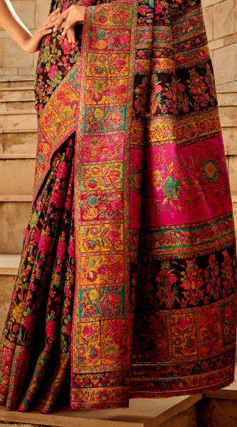 Stylish Black Pashmina Saree With Gleaming Blouse Piece