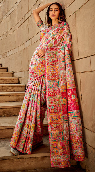 Elegant Beige Pashmina Saree With Adorning Blouse Piece