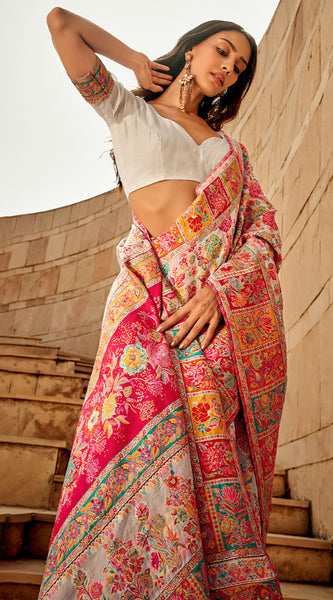 Elegant Beige Pashmina Saree With Adorning Blouse Piece